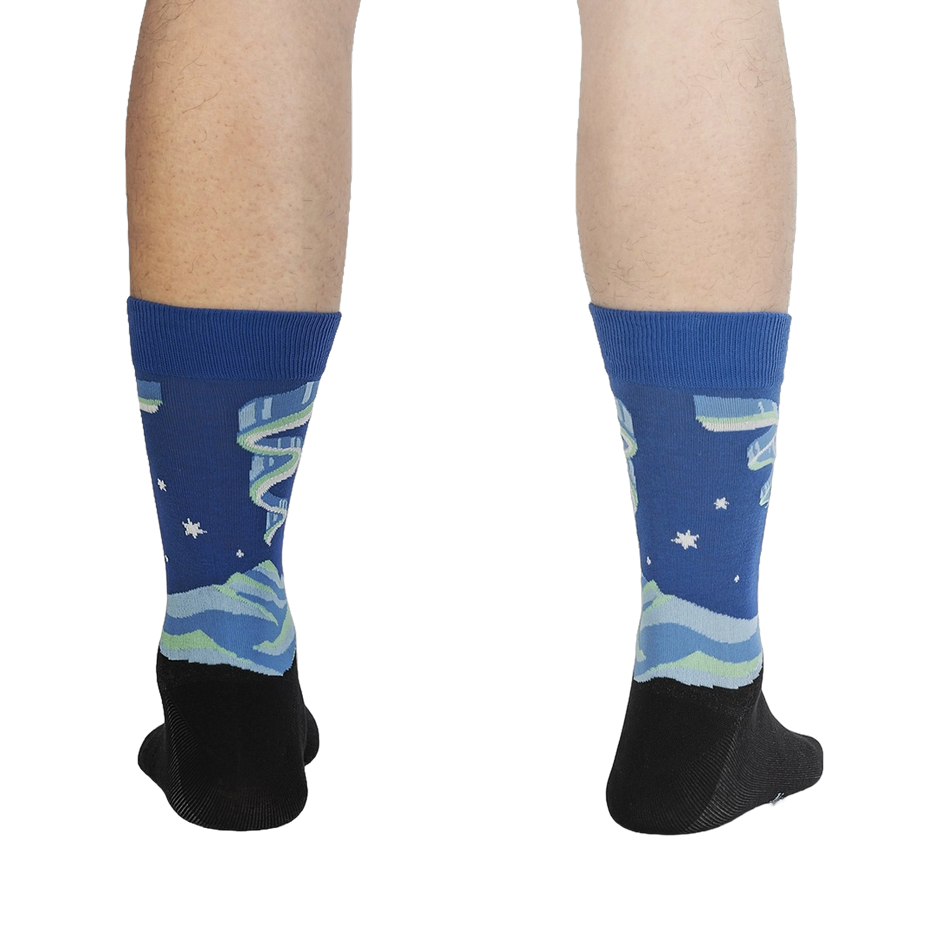 Rear view of a pair of Northern Lights socks on a person's legs, highlighting the full design and color scheme.