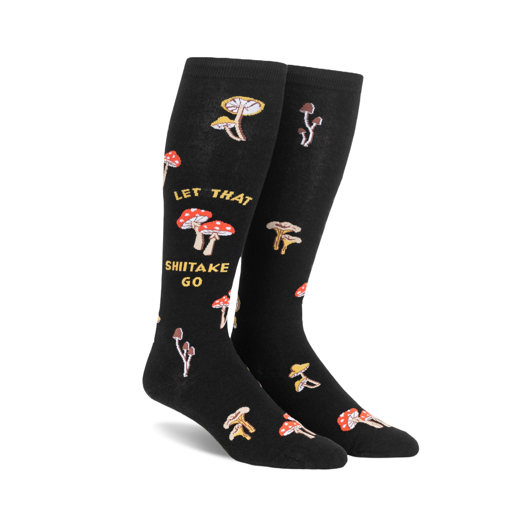 Pair of black knee-high socks with a whimsical design. Features various illustrated mushrooms and the text 'Let That Shiitake Go'.