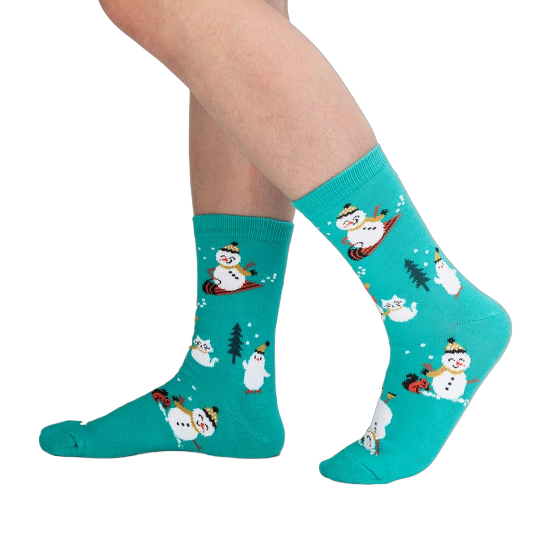 Lifestyle shot showing the teal 'Having Snow Much Fun' socks on a person's legs.