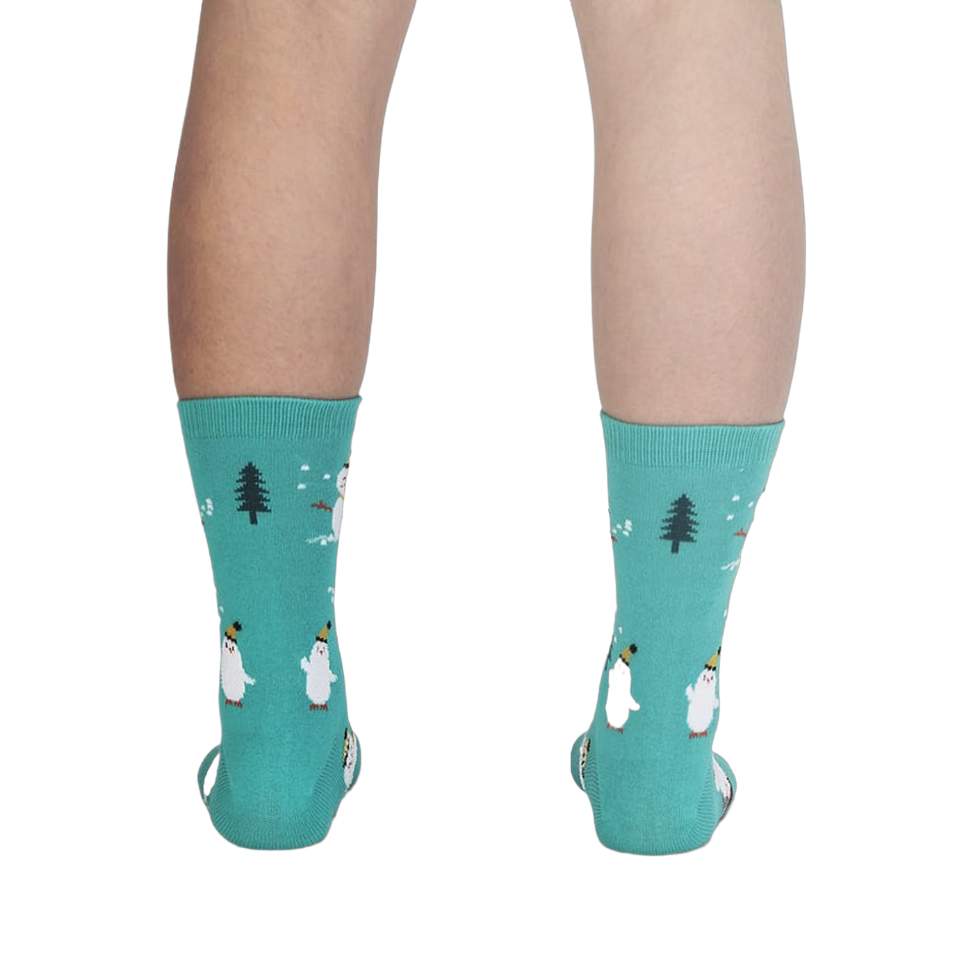 Back view of the teal 'Having Snow Much Fun' socks, showcasing the full snowman design.
