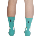 Back view of the teal 'Having Snow Much Fun' socks, showcasing the full snowman design.