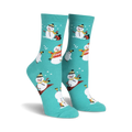 Teal crew socks with a whimsical pattern of snowmen snowboarding, ice skating, and playing in the snow.