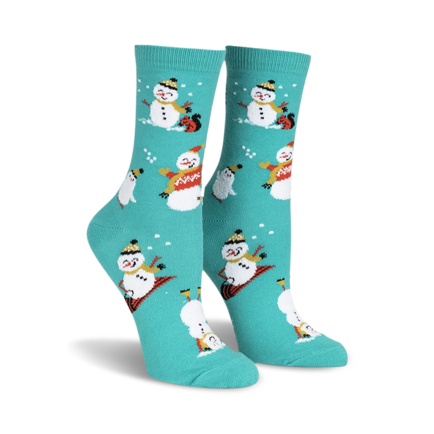 Teal crew socks with a whimsical pattern of snowmen snowboarding, ice skating, and playing in the snow.