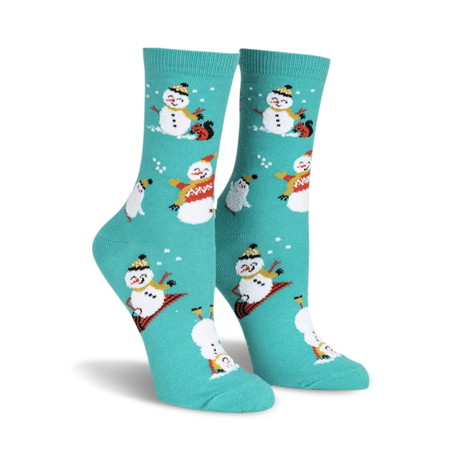 Teal crew socks with a whimsical pattern of snowmen snowboarding, ice skating, and playing in the snow.