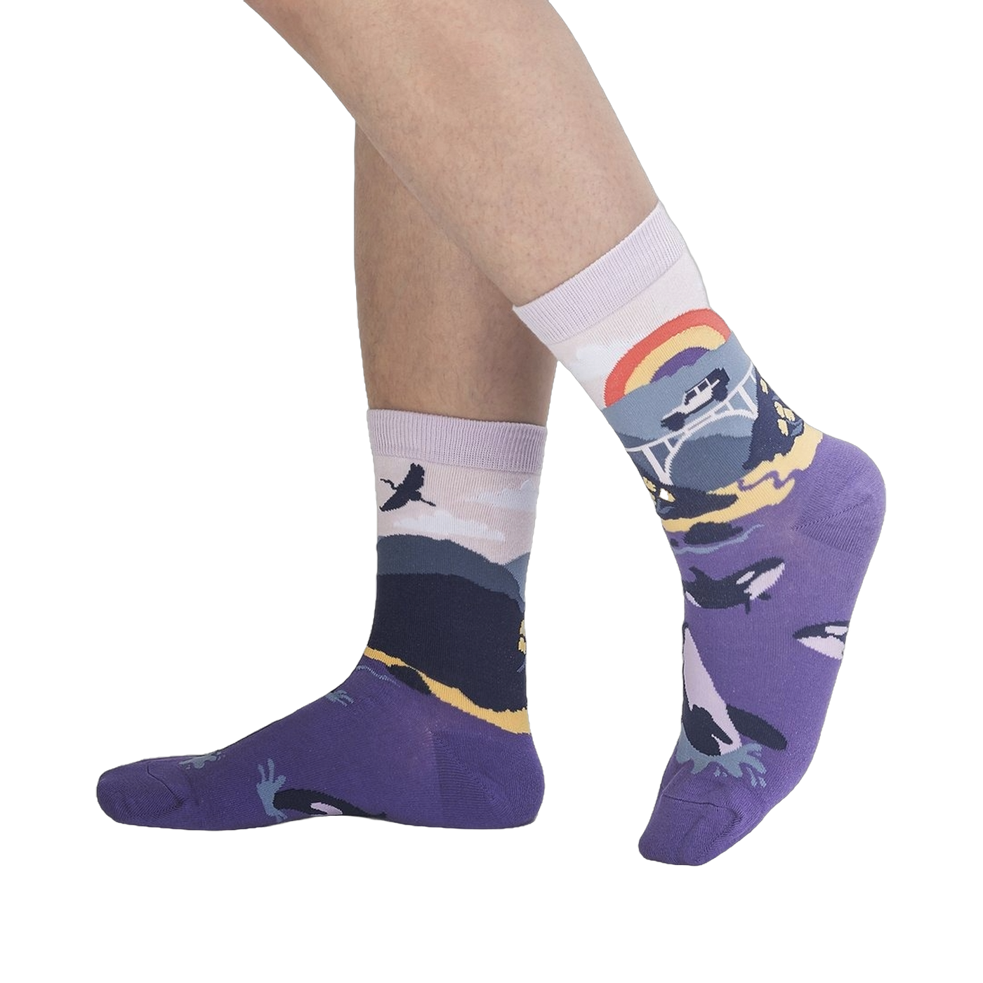 Lifestyle shot showing the Big Sur socks on a person's legs, showcasing the design and fit.