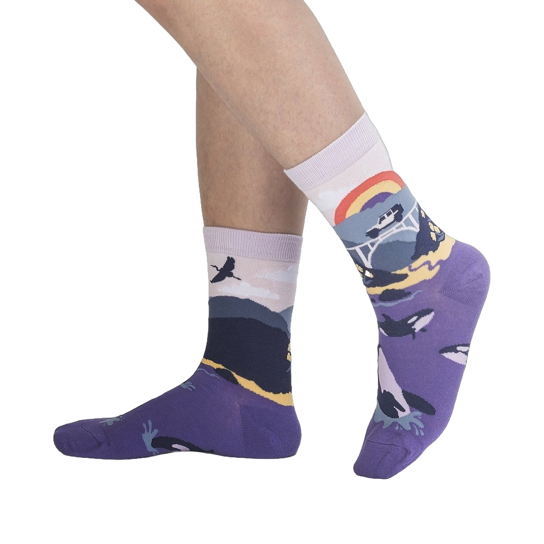 Lifestyle shot showing the Big Sur socks on a person's legs, showcasing the design and fit.