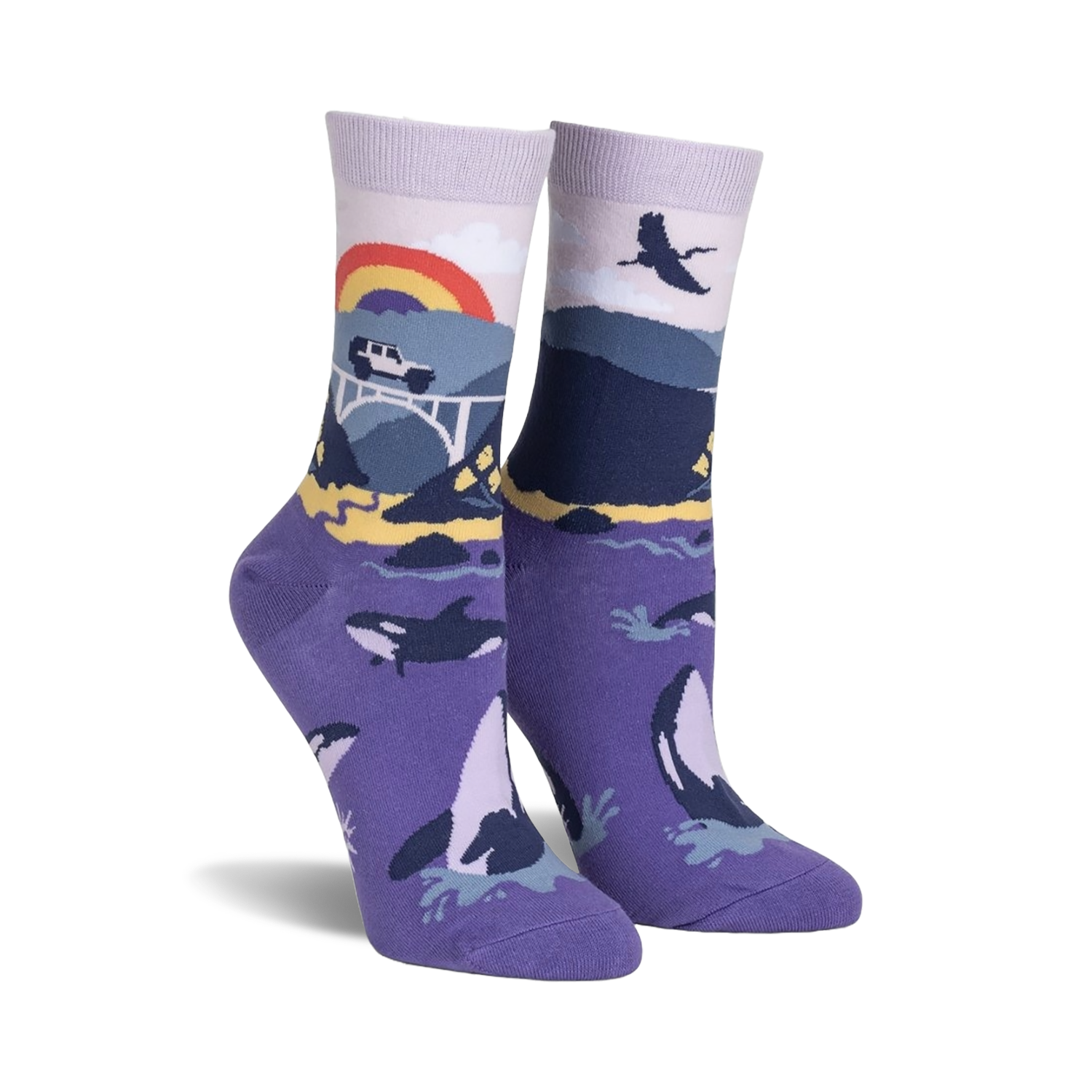 Pair of purple crew socks with a Big Sur-inspired design.  Features whales, a bridge, a rainbow, and coastal mountains.