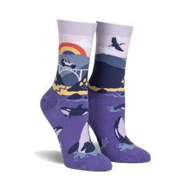 womens big sur patterned purple crew socks: rainbow, mountains, bridge, killer whales, blue heron   