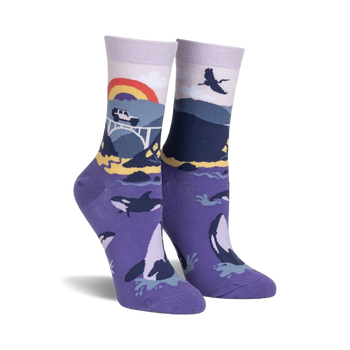 womens big sur patterned purple crew socks: rainbow, mountains, bridge, killer whales, blue heron   