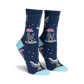 Crew socks in navy blue featuring a repeating pattern of chickens with pink umbrellas and red boots in the rain.