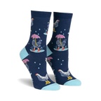 Crew socks in navy blue featuring a repeating pattern of chickens with pink umbrellas and red boots in the rain.