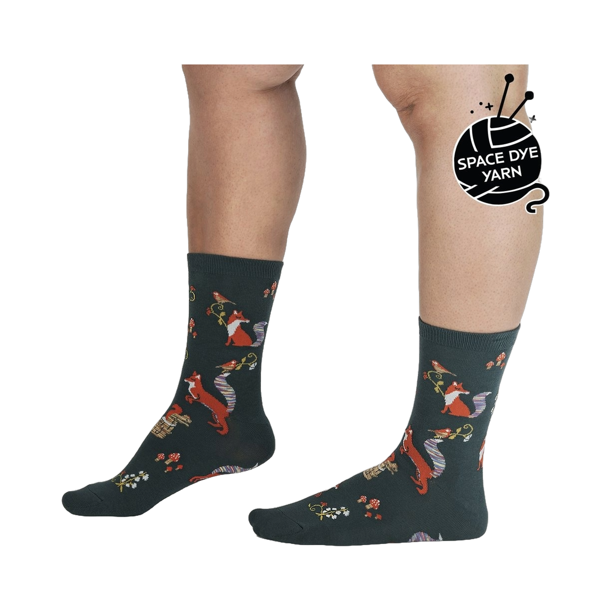 Lifestyle shot showing the socks on a person's legs, highlighting the fit and pattern.