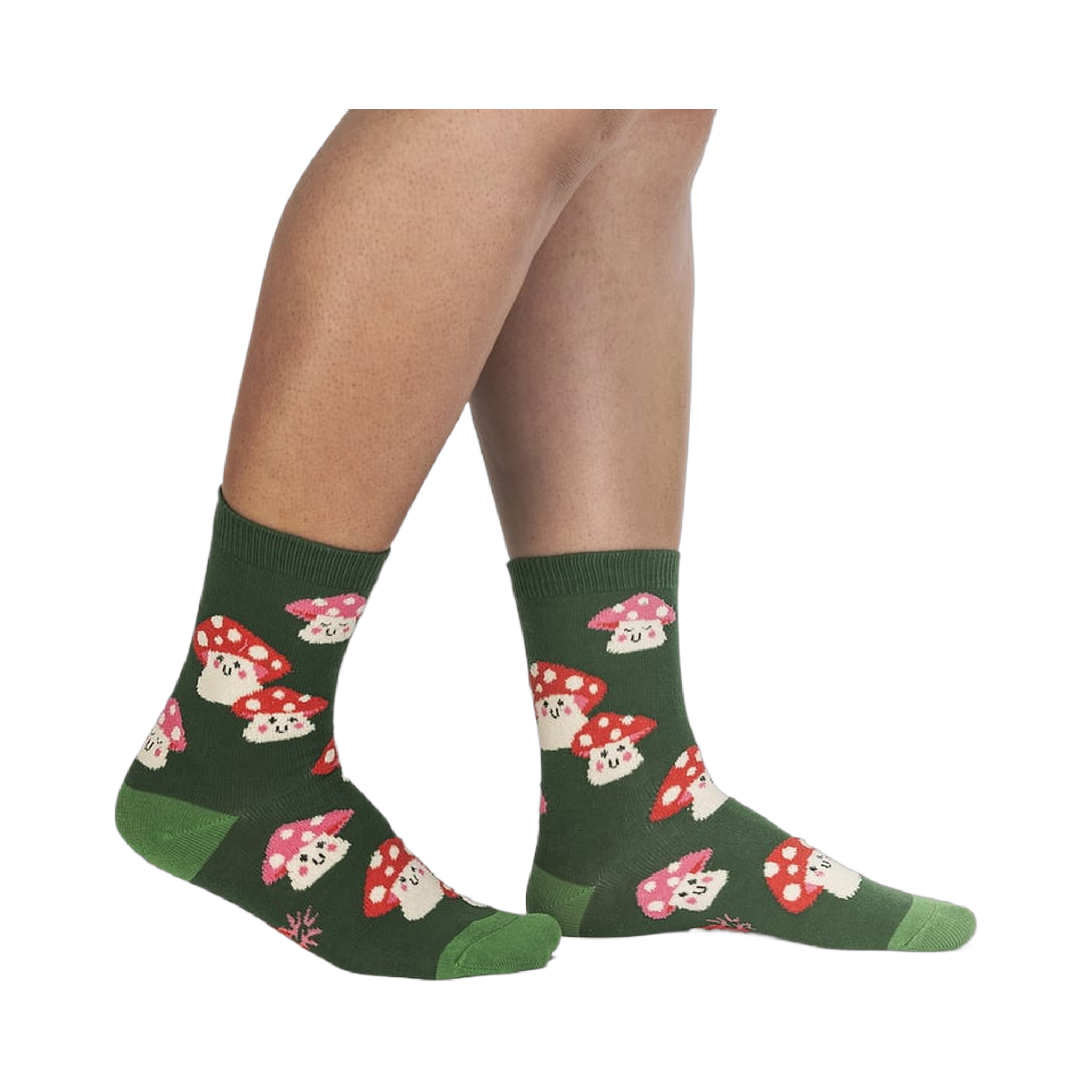 Lifestyle shot showing the Mellow Mushroom socks on a person's legs, showcasing the fit and style.