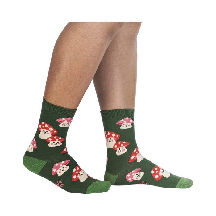 Lifestyle shot showing the Mellow Mushroom socks on a person's legs, showcasing the fit and style.