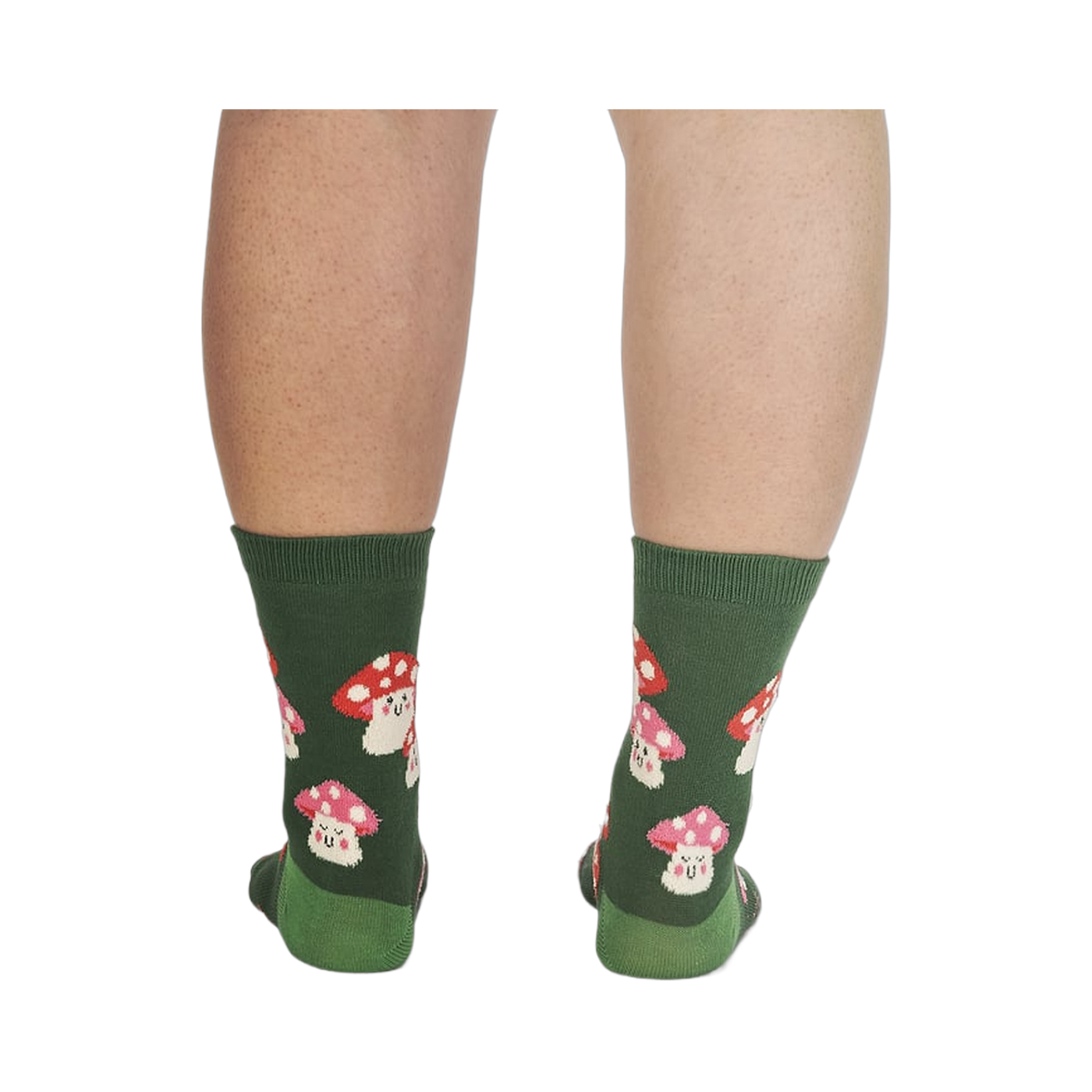 Rear view of the socks, highlighting the full mushroom pattern.