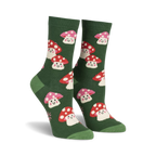 Pair of women's crew socks. Green background with repeating pattern of cute, smiling red and pink mushrooms.