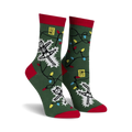 Crew socks in green with red cuffs, featuring skeletons tangled in colorful Christmas lights.  Glows in the dark!
