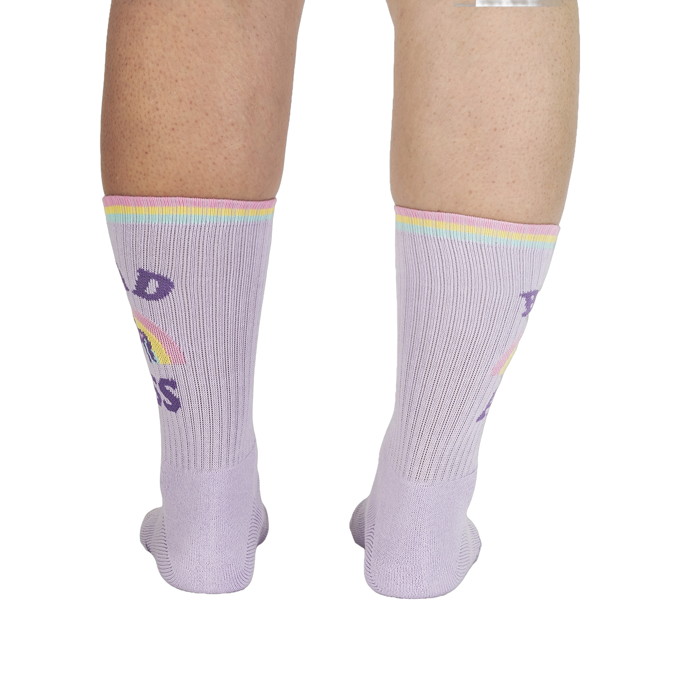Rear view of the socks on a person's legs, showing the back design.