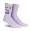 Pair of lavender crew socks with a pastel rainbow, unicorn, and 'Bad Ass' text. 