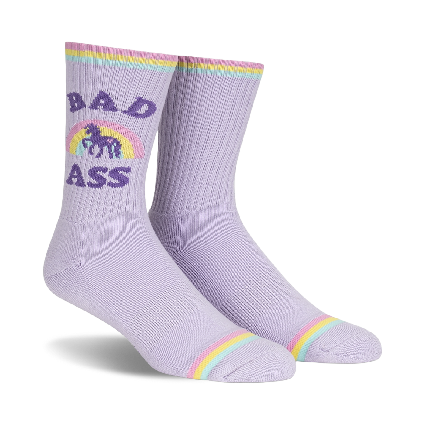 Pair of lavender crew socks with a pastel rainbow, unicorn, and 'Bad Ass' text. 