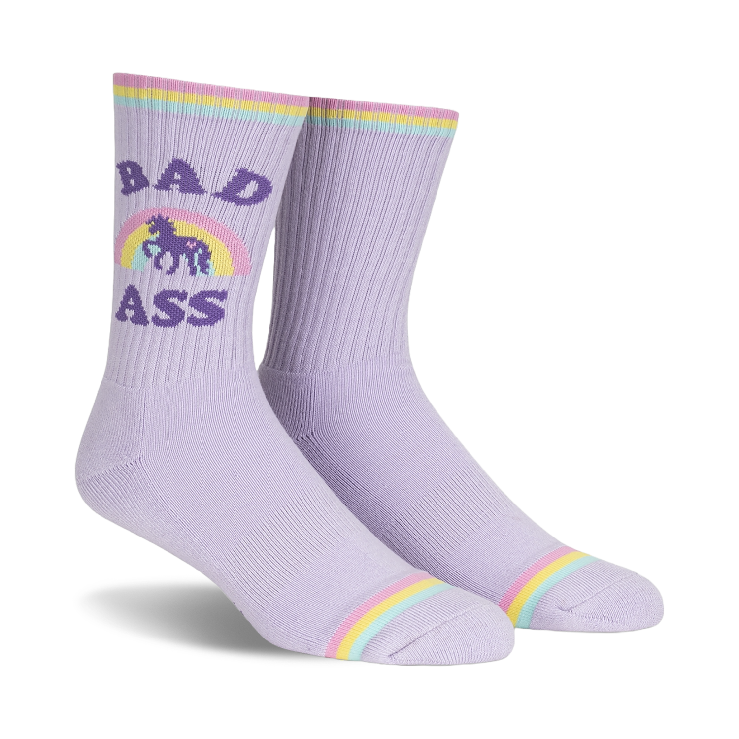 Pair of lavender crew socks with a pastel rainbow, unicorn, and 'Bad Ass' text. 