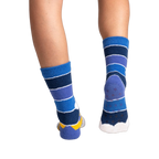 Rear view of the socks on a person's feet, showing the gripper soles.
