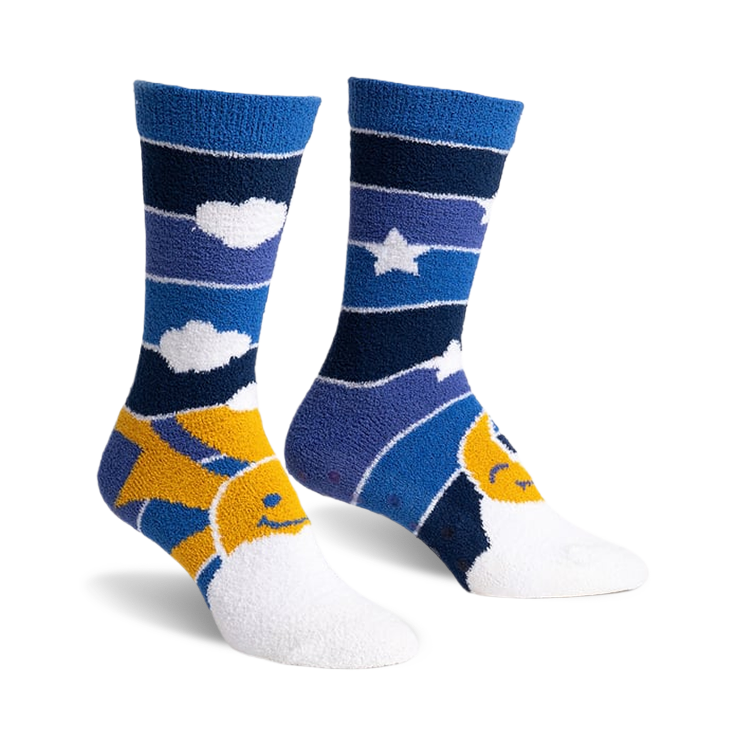 Pair of blue and yellow fuzzy slipper socks with a sun and moon design.  Horizontal stripes and smiley faces.