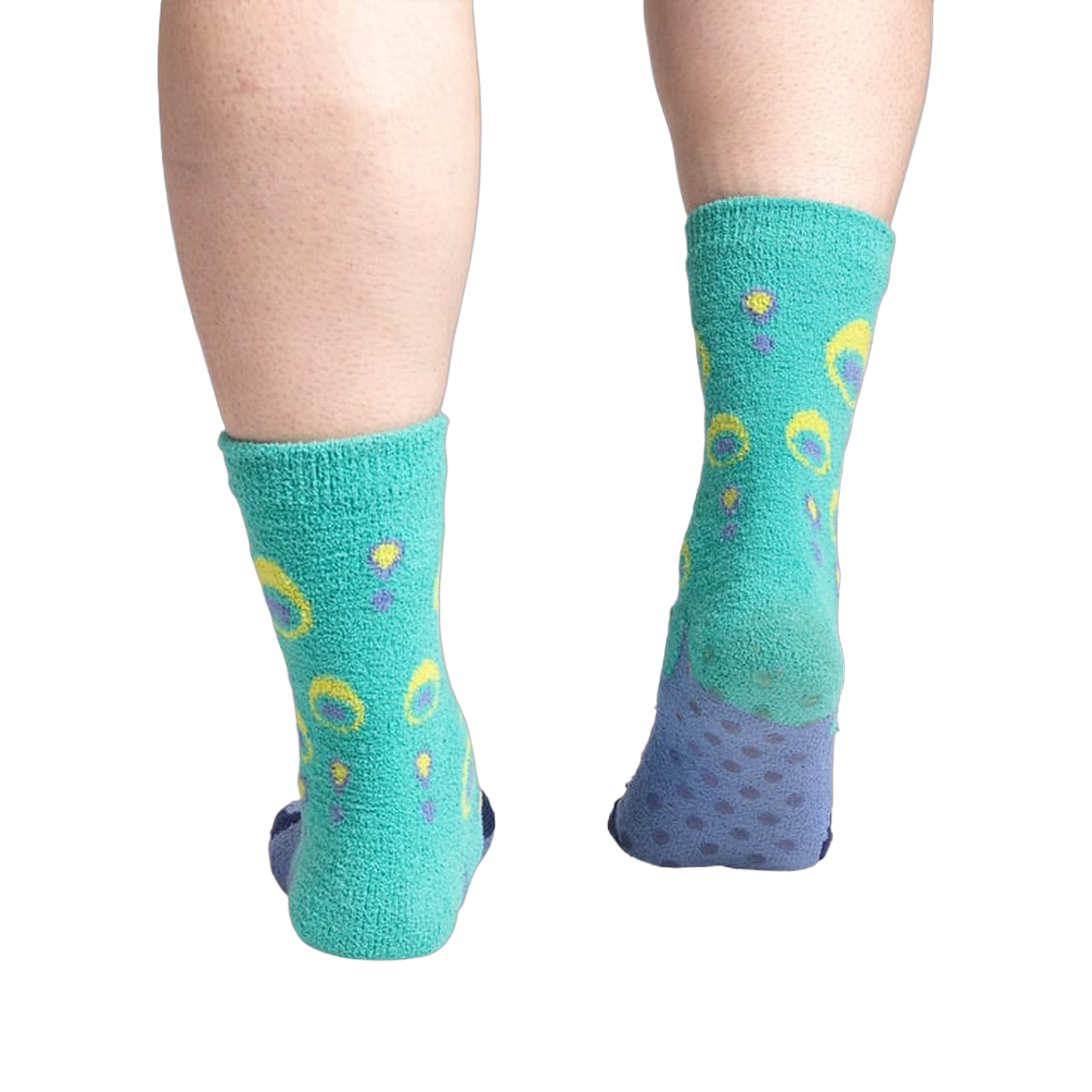 Rear view of the socks highlighting the grippy bottom of the slipper socks.