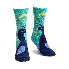 front view of two peacock socks. the socks are teal with navy blue peacocks and yellow circles.