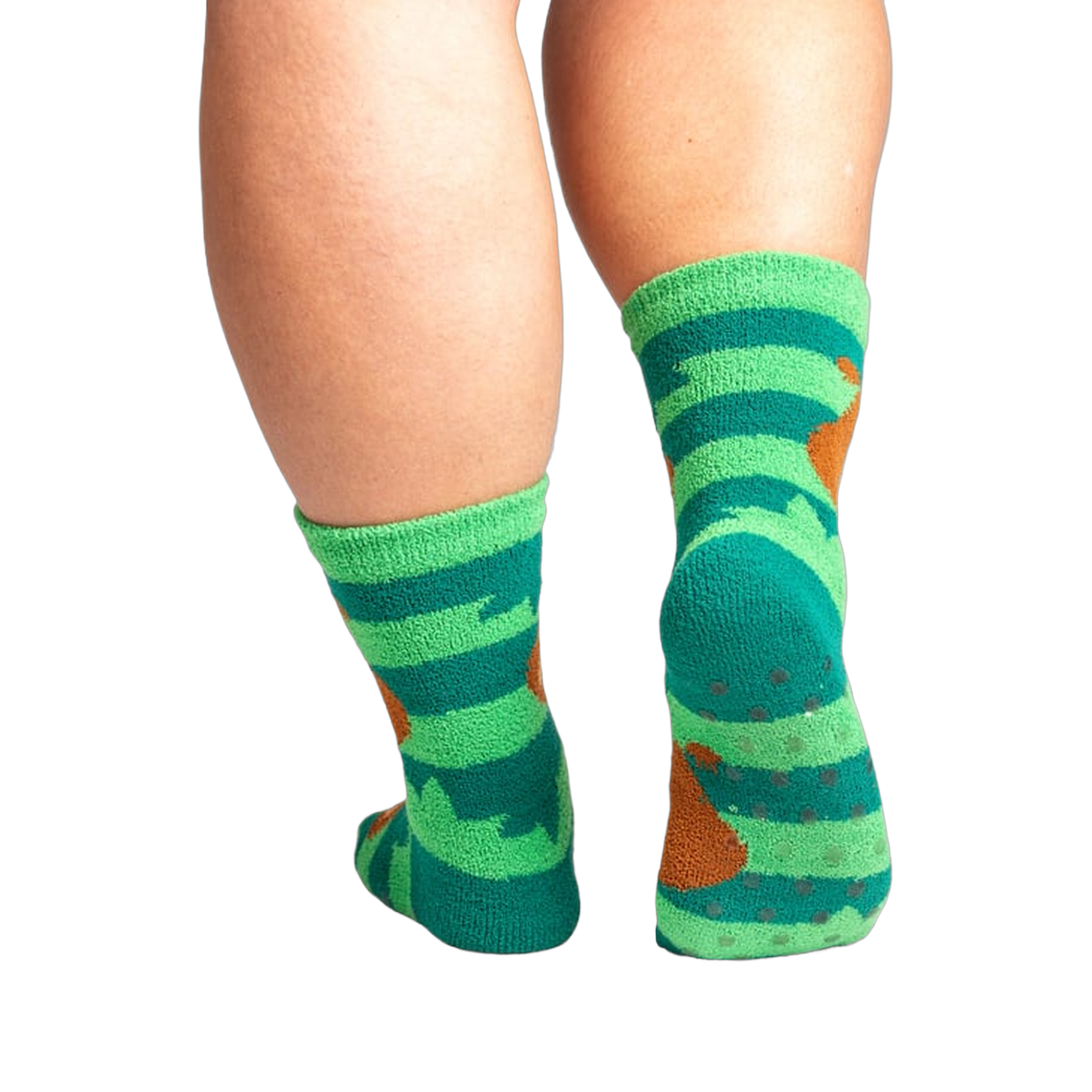 Back view of the socks showing grippers on the bottom. The socks are teal and green with brown sloths.