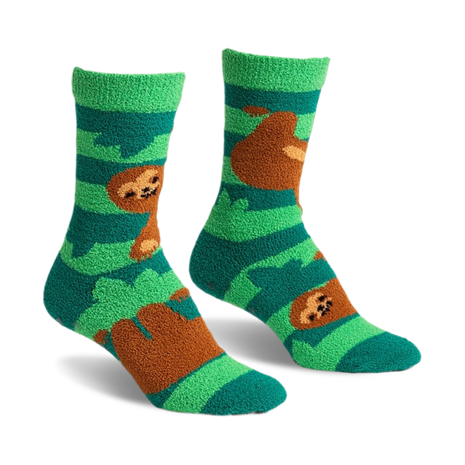 Pair of teal and green fuzzy slipper socks with brown sloths hanging from branches. Crew-length socks with grippers on the bottom.