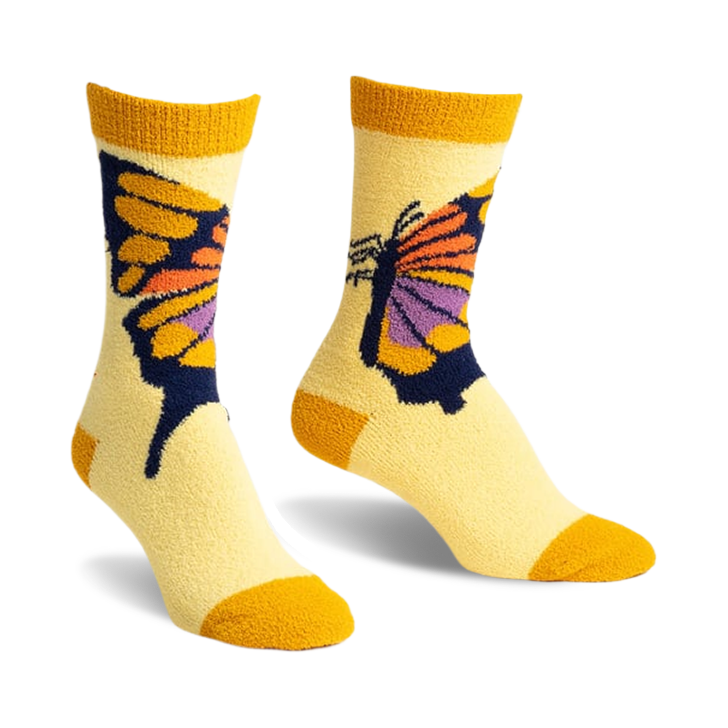 Pair of yellow cozy slipper socks with a colorful butterfly design. The butterfly is orange, purple, and dark blue on a pale yellow background with mustard yellow cuffs.