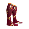 Pair of maroon knee-high socks featuring a pattern of cute cats roller skating. Orange, teal, and yellow stripes at the top.