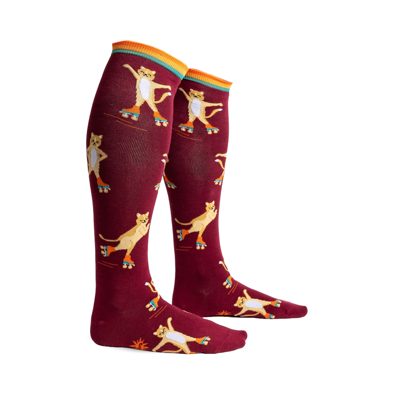 Pair of maroon knee-high socks featuring a pattern of cute cats roller skating. Orange, teal, and yellow stripes at the top.