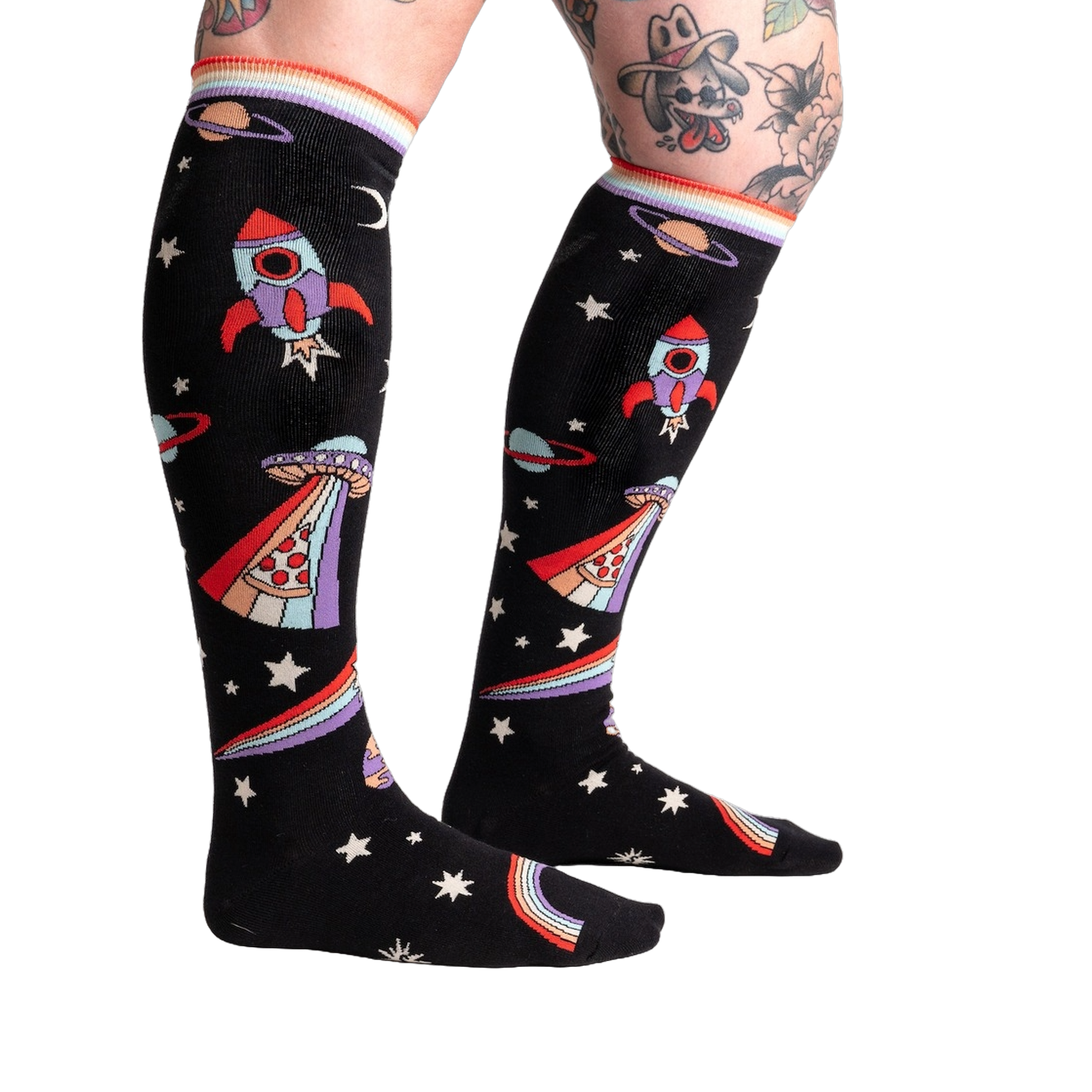 Close-up of 'You Are Outta This World' knee-high socks on a model's legs, showcasing the design.