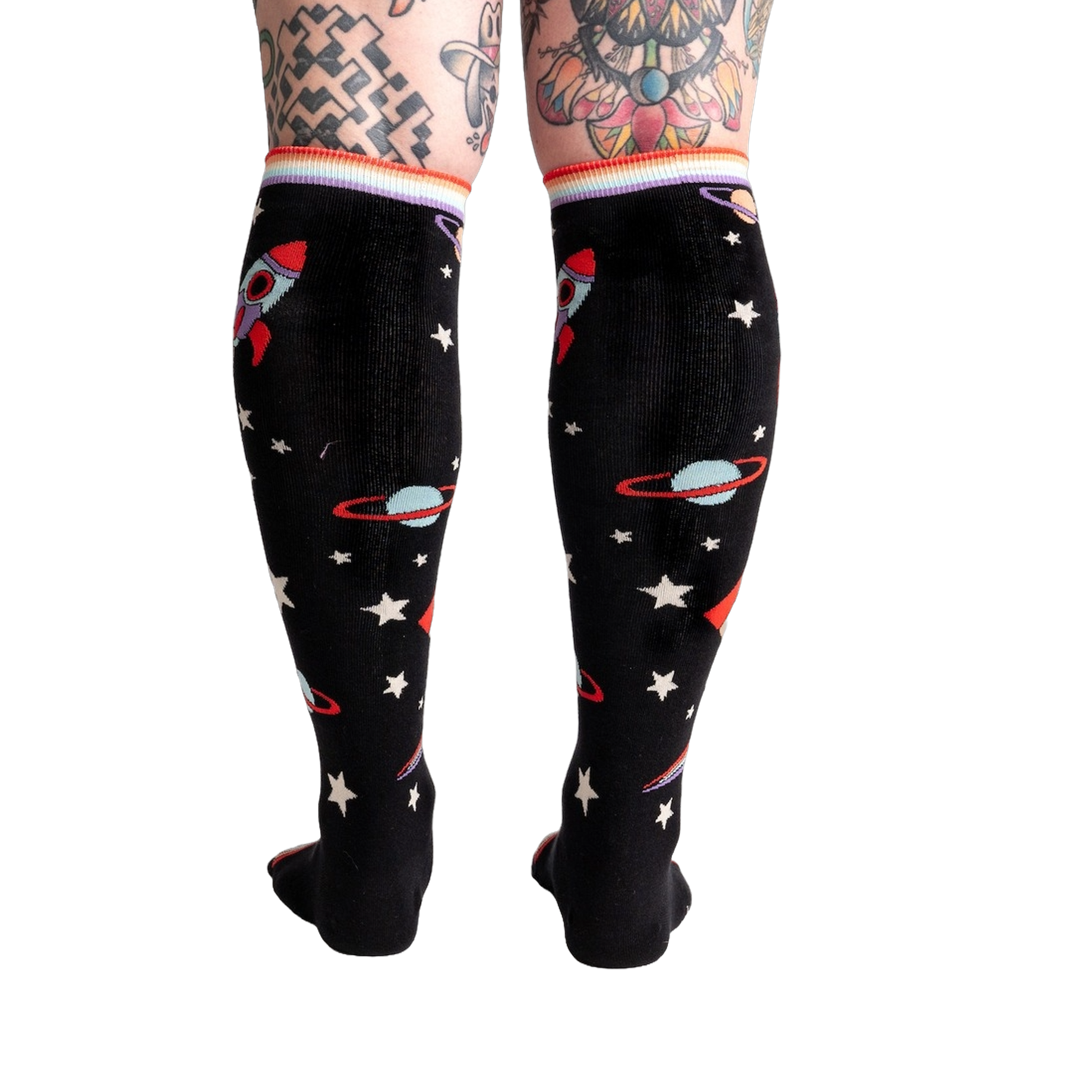 Back view of the socks on a model's legs, showing the full sock pattern.
