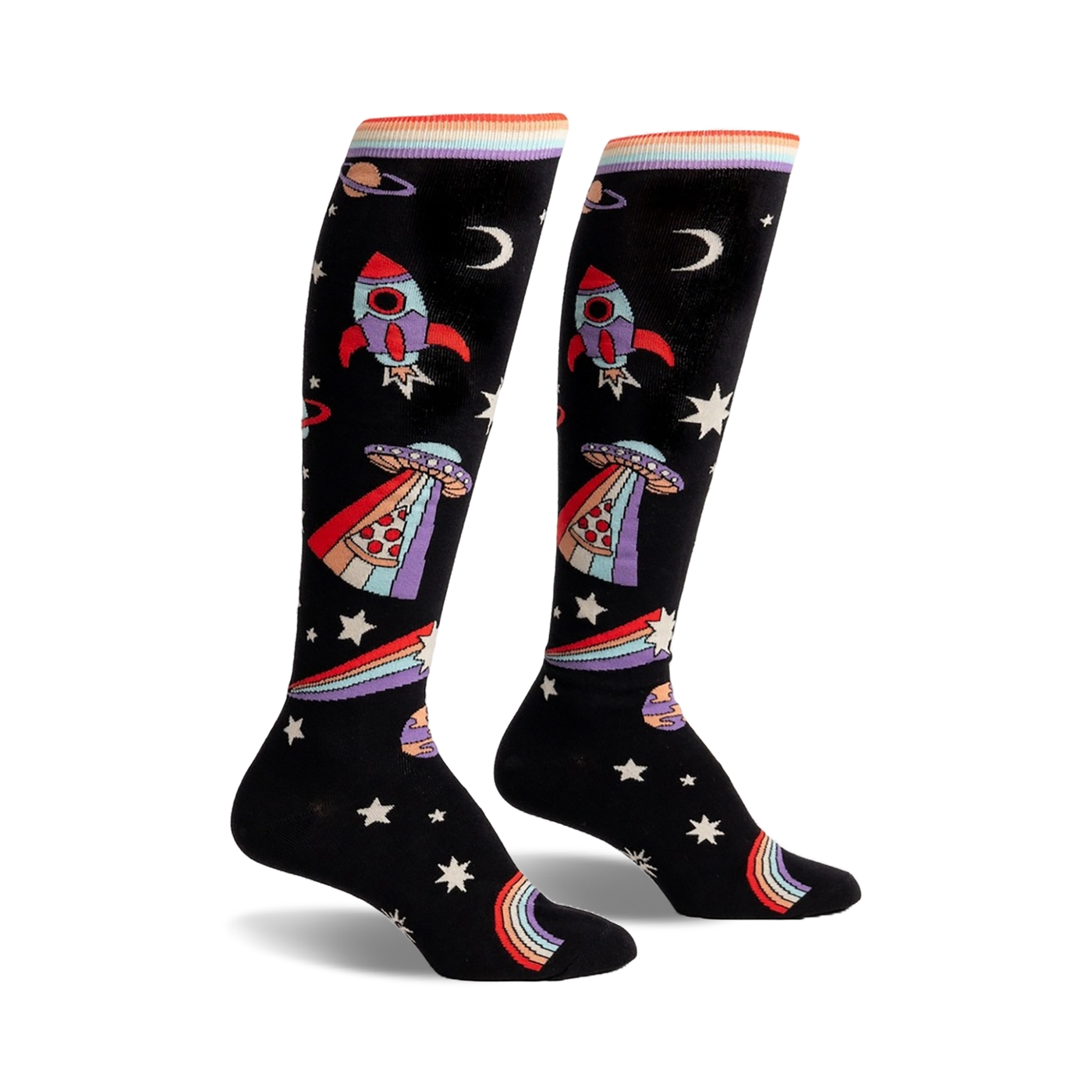 Pair of black knee-high socks with rockets, aliens, pizza slices, rainbows, and stars. Colorful, playful design.