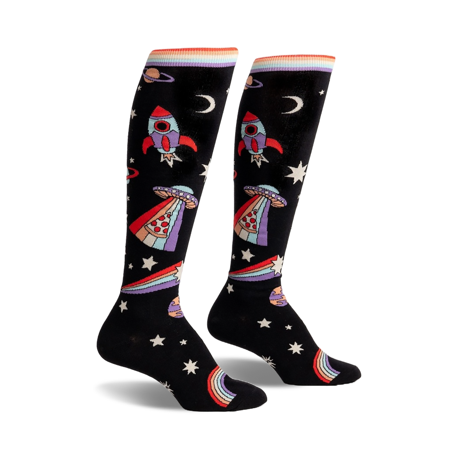 Pair of black knee-high socks with rockets, aliens, pizza slices, rainbows, and stars. Colorful, playful design.