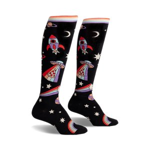 black knee-high socks with rockets, ufos, moons, stars, planets, pizza, and rainbows.  