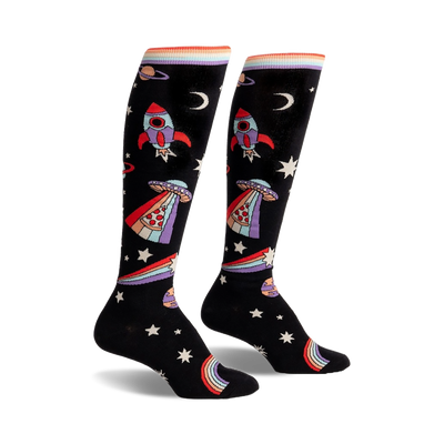 black knee-high socks with rockets, ufos, moons, stars, planets, pizza, and rainbows.  