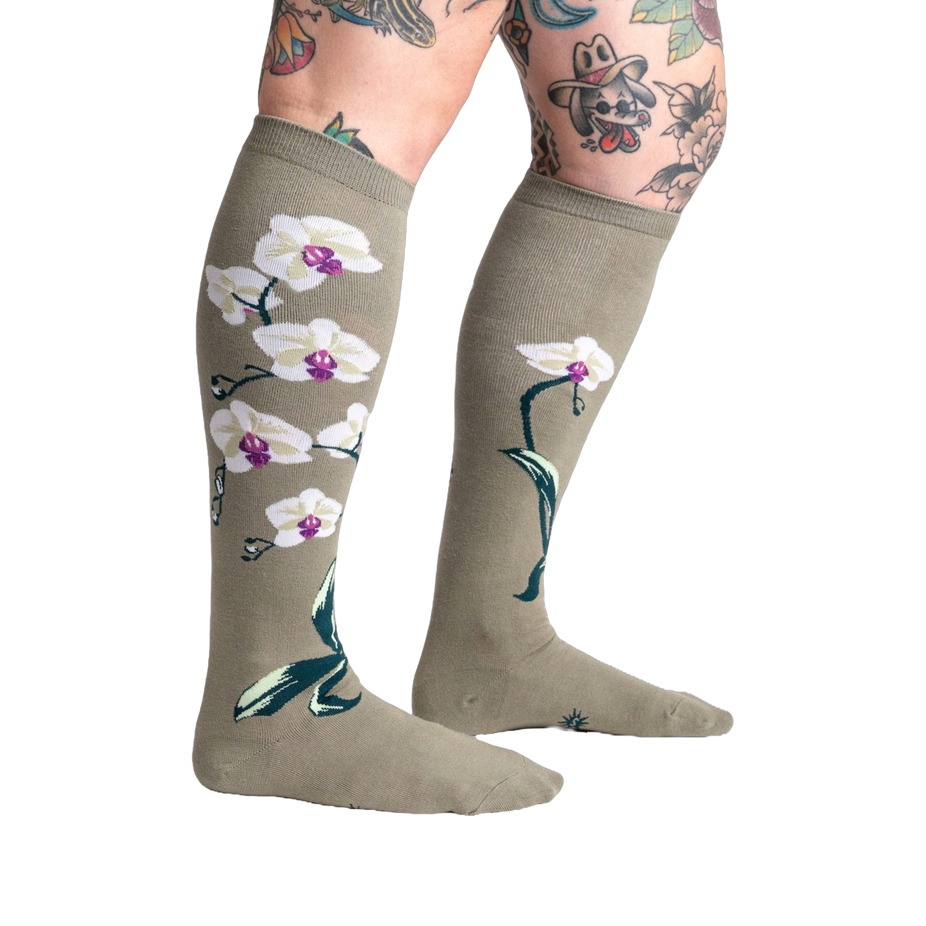 Lifestyle shot showcasing Orchid knee-high socks on a model with tattoos, highlighting the socks' length and design.