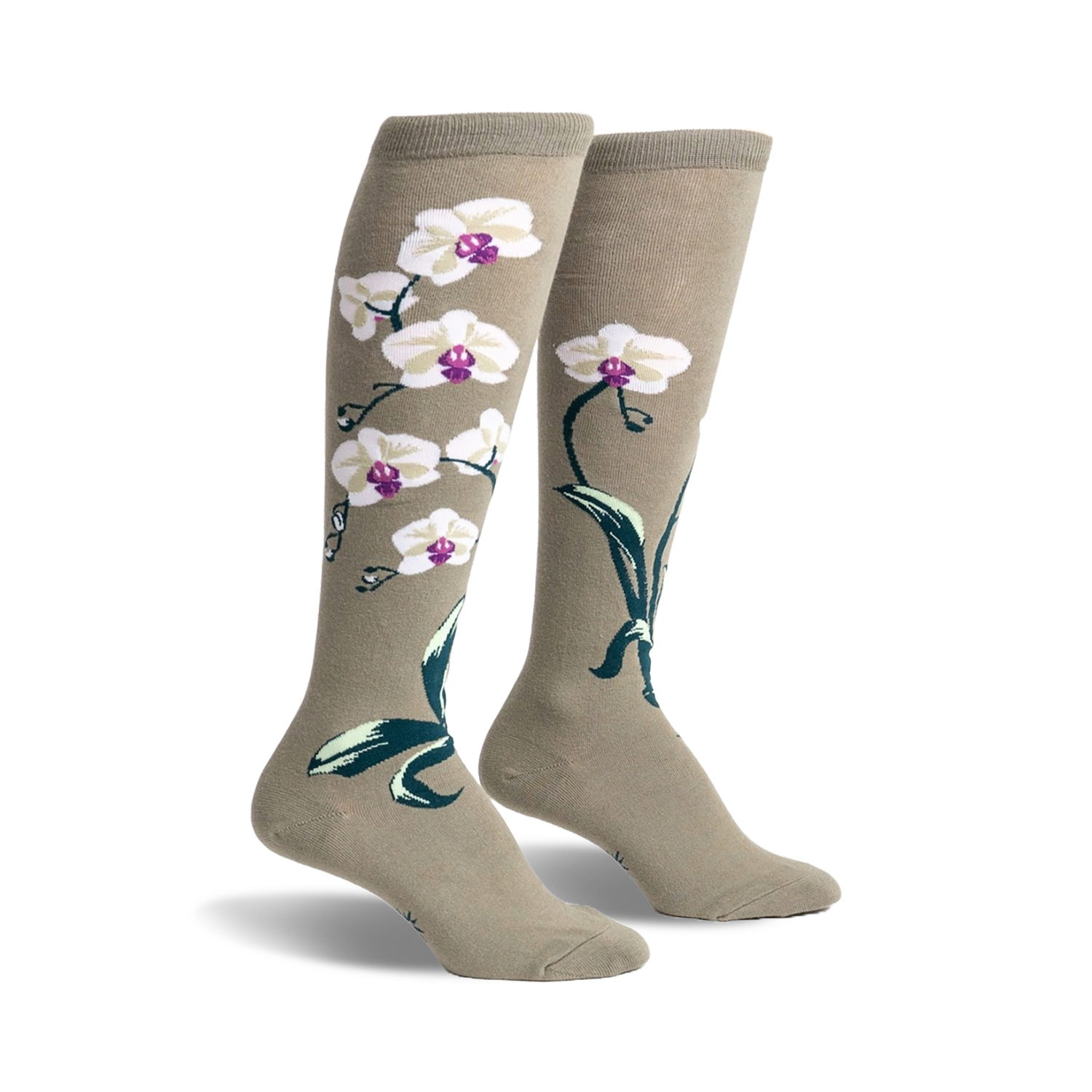 Pair of women's knee-high socks in sage green with a design of white orchids and dark green leaves.