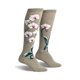 womens mid-calf knee high orchid botanical pattern white purple center floral green stem leaves light olive green background fun socks.  