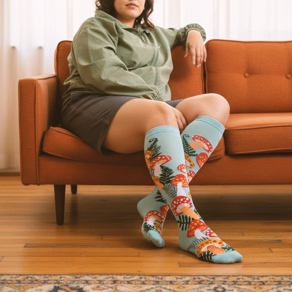 Model seated on an orange couch, wearing light blue knee-high mushroom and fern pattern socks.
