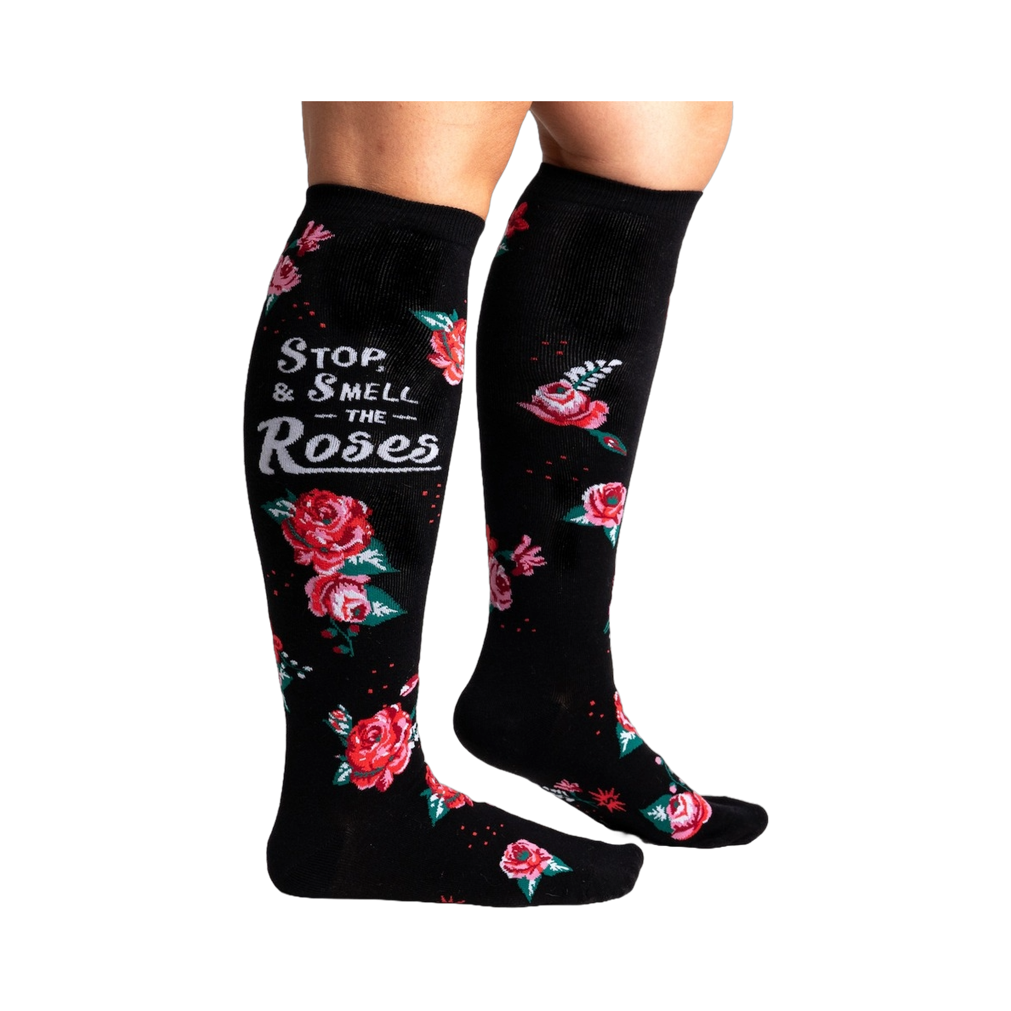 Lifestyle shot: Woman's legs wearing black knee-high socks with red roses and a phrase.