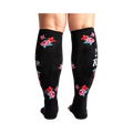 Rear view of black knee-high socks with a rose pattern and text.