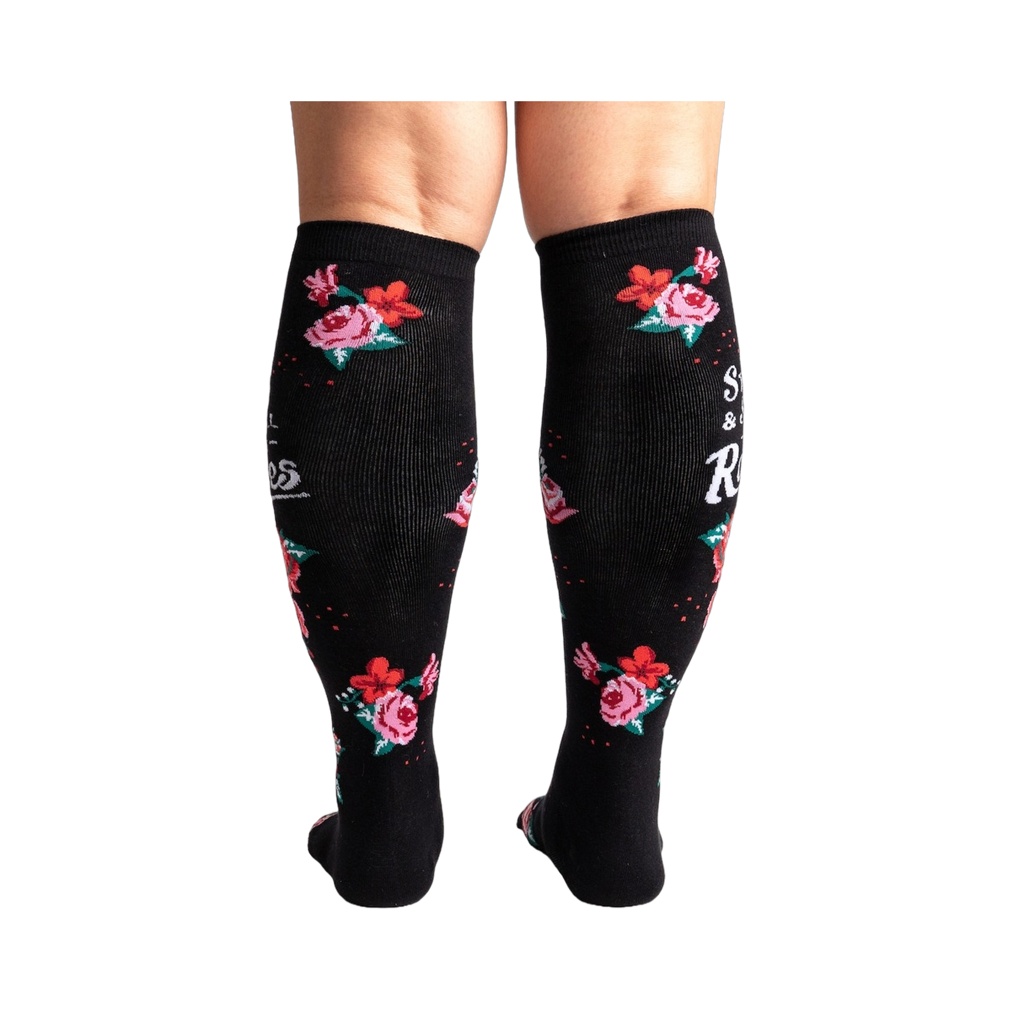 Rear view of black knee-high socks with a rose pattern and text.