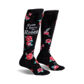 Pair of black knee-high socks with red and pink roses and the phrase 'Stop & Smell the Roses'.