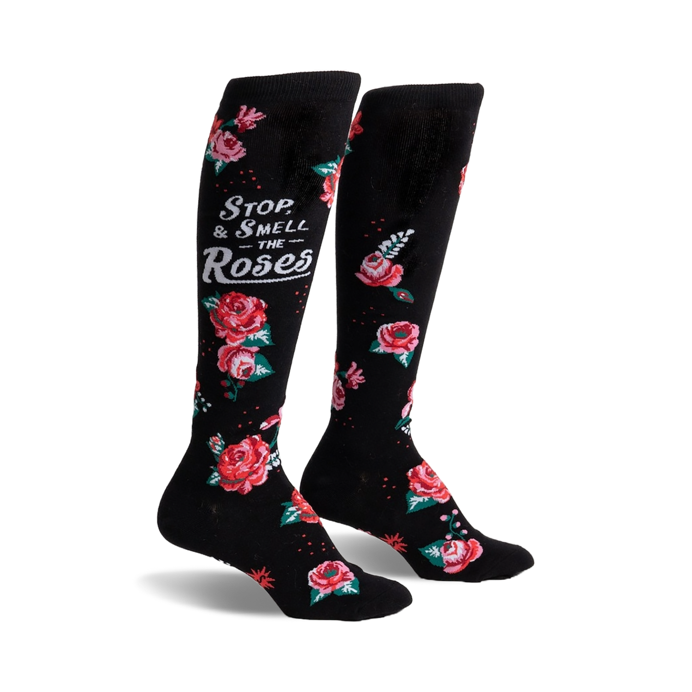 Pair of black knee-high socks with red and pink roses and the phrase 'Stop & Smell the Roses'.