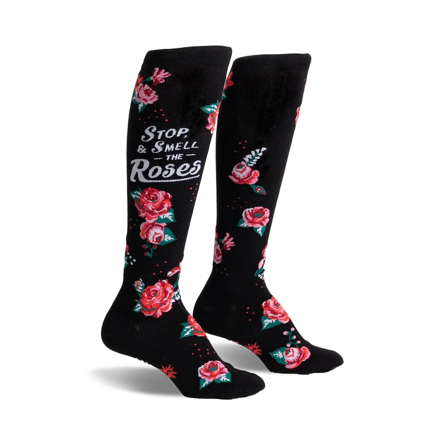 Pair of black knee-high socks with red and pink roses and the phrase 'Stop & Smell the Roses'.